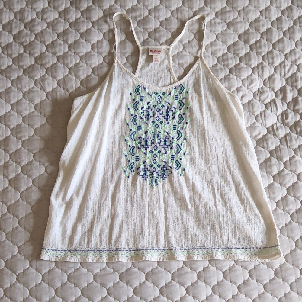 Women's Embroidered Tank L Large - blue & green stitching, cream color, t-back